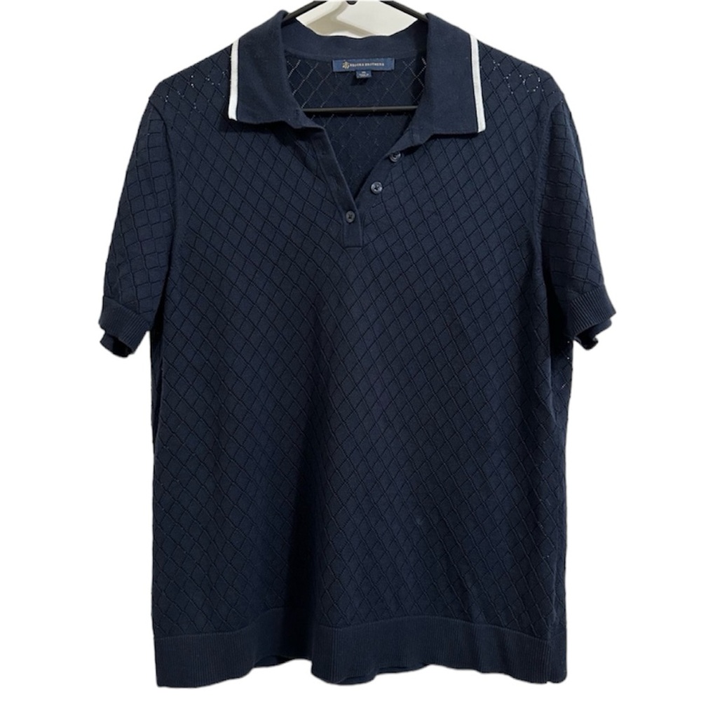 Brooks Brothers Navy Diamond-Knit Polo with White Collar Trim